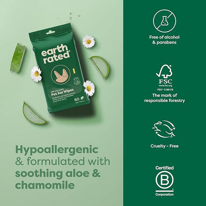 Earth Rated Vet-Developed Pet Ear Wipes, Hypoallergenic Cleaner for Dogs & Cats Ears to Remove Dirt and Wax Build Up, Wild Oat Scent, 70 Count