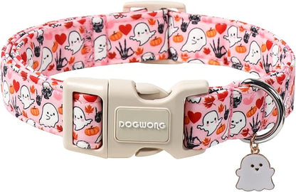 DOGWONG Halloween Dog Collar, Pink Halloween Dog Collar Adjustable Soft Cute Ghost Girl Pet Dog Collars Cute Puppy Necklace for Small Medium Large Dogs