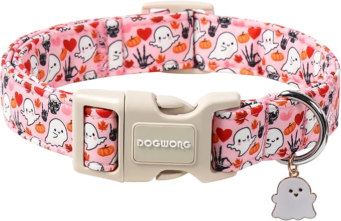 DOGWONG Halloween Dog Collar, Pink Halloween Dog Collar Adjustable Soft Cute Ghost Girl Pet Dog Collars Cute Puppy Necklace for Small Medium Large Dogs