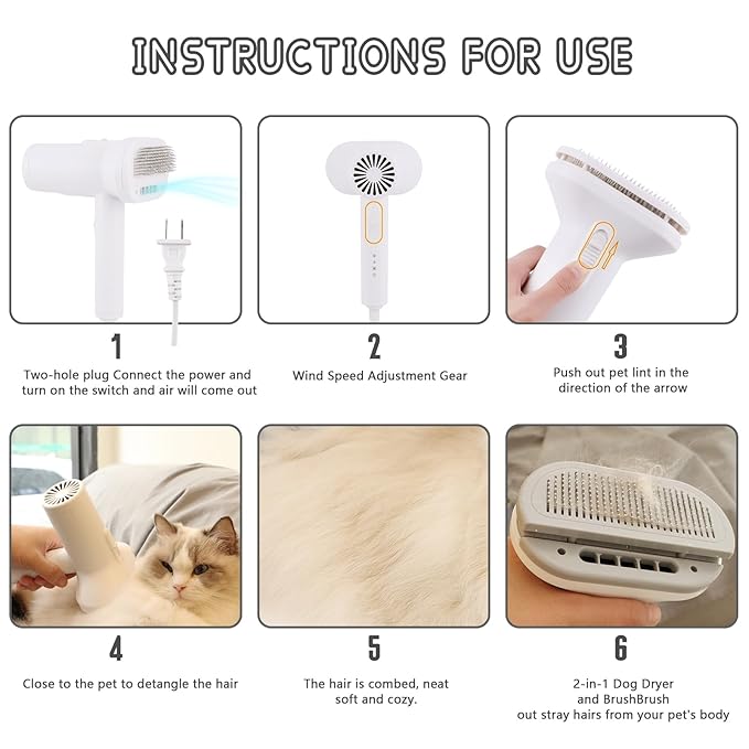 2-in-1 Dog Hair Dryer and Brush - Low Noise Operation, Overheating Protection, 3 Temperature & Airflow Settings, Self-Cleaning Button - Ideal Dog Brush for Short Haired Dogs (White)