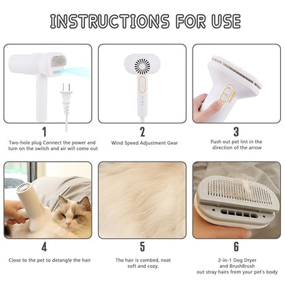 2-in-1 Dog Hair Dryer and Brush - Low Noise Operation, Overheating Protection, 3 Temperature & Airflow Settings, Self-Cleaning Button - Ideal Dog Brush for Short Haired Dogs (White)