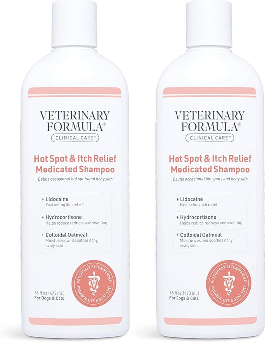 Veterinary Formula Clinical Care Hot Spot & Itch Relief Medicated Shampoo for Dogs and Cats 16 Fl Oz  Helps Alleviate Sensitive Skin, Scratching, and Licking of Coat (2 Pack)