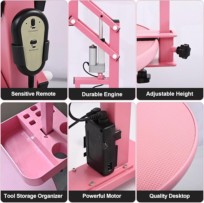 24" Electric Dog Grooming Table, Fast Lift Heavy Duty 360° Rotating Pet Grooming Desk for Small Dogs with Anti Skid Tabletop, Remote, Grooming Set, Tool Organizer, Pink