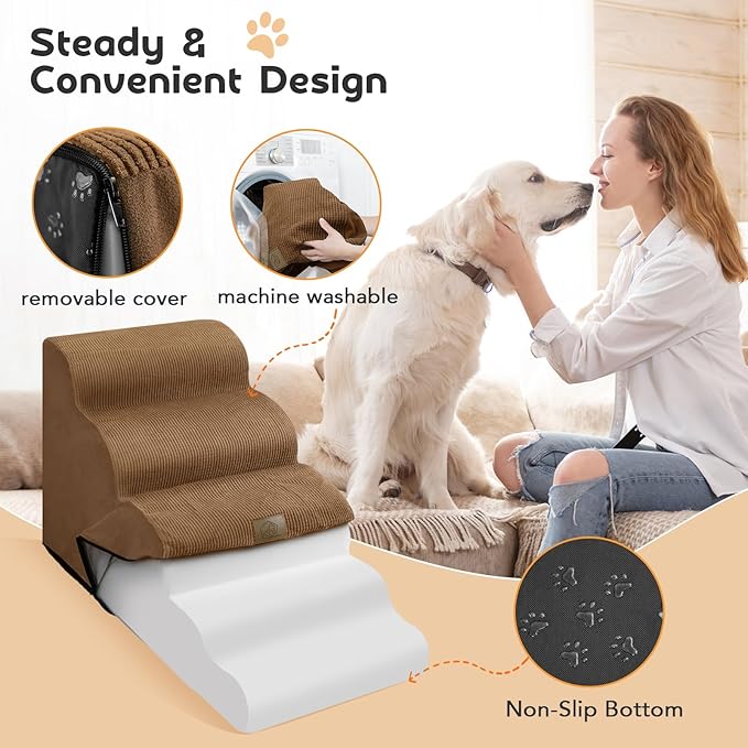 Mestuel Dog Stairs for High Bed 22.8'' H, 5 Steps Dogs Stairs for Bed, Pet Stairs for Small Large Dogs to Couch, Pet Ladder with High Density Foam, Non-Slip Balanced Dog Ramp, Brown
