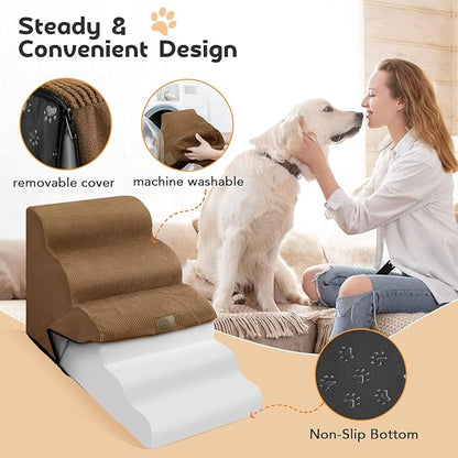 Mestuel Dog Stairs for High Bed 22.8'' H, 5 Steps Dogs Stairs for Bed, Pet Stairs for Small Large Dogs to Couch, Pet Ladder with High Density Foam, Non-Slip Balanced Dog Ramp, Brown