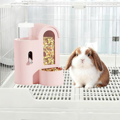 2 in 1 Rabbit Food Water Dispenser, Guinea Pig Water Bottle, Large Capacity Bunny Feeder for Cages, Automatic Bunny Feeder, for Rabbit Ferrets Guinea Pigs Small Animals (Pink, 2 in 1)