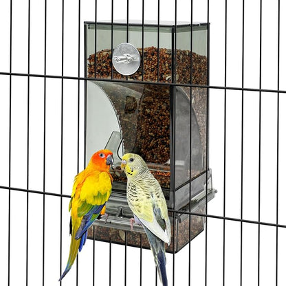 Rypet No Mess Automatic Bird Feeder for Cage,Transparent Acrylic Parrot Seed Feeders,Food Container for Cage,Parrot Feeder Cage Accessories for Small and Medium Lovebirds Parakeets Cockatiel Finch