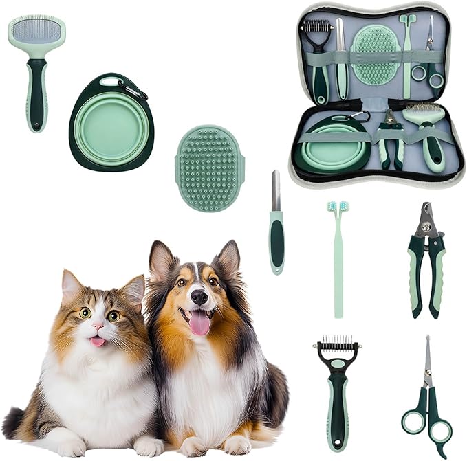 Pet Nail Clippers Trimmer and Grooming Kit, 8 Pieces Pet Grooming Kit - Dematting Comb,Slicker Brush,dog nail trimmer,collapsible bowl and dog toothbrush for Removing Knots and Hair for Dog,Cat