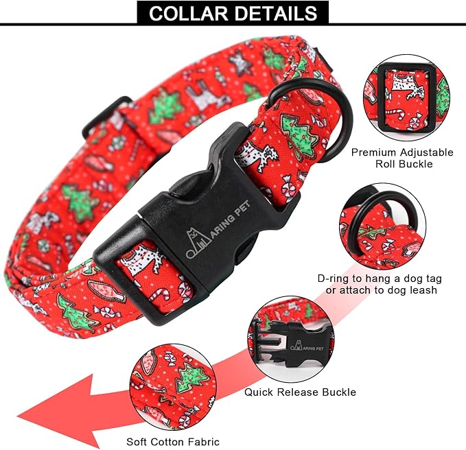 ARING PET Christmas Dog Collar Cute Small Dog Collars, Adjustable Cotton Red Christmas Dog Collars Puppy Collar for Small Medium Large Boy and Girl Dogs