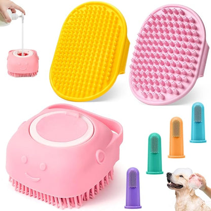 4PCS Dog Bath Brush Pet Shampoo Brush with Adjustable Ring Handle Soft Massage Dispenser Brush for Short Long Haired Dogs Cats Showering(Pink Pink Yellow)