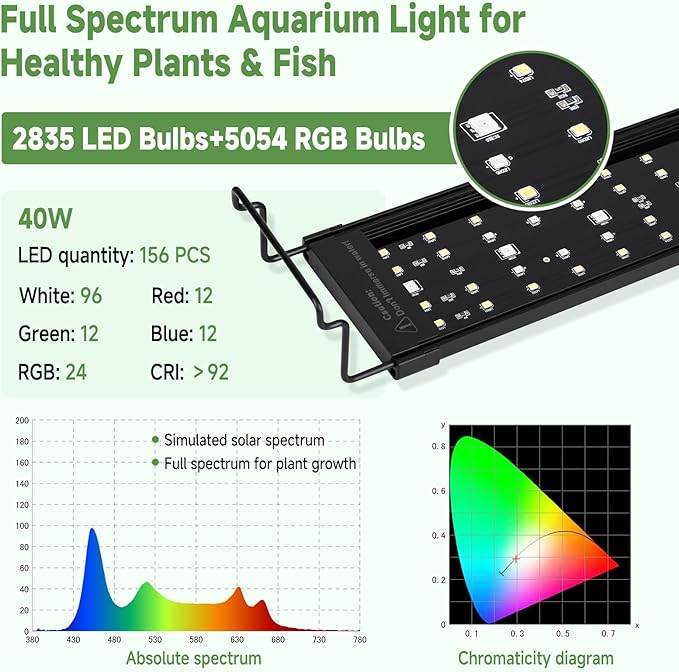 hygger LED Aquarium Light with Timer, 40W Full Spectrum Fish Tank Plant Growth Lamp, 24 H Remote Control, Adjustable Brightness & 10 Colors, Extendable Bracket, Power-Off Memory, Fits 36-48 Inch Tank
