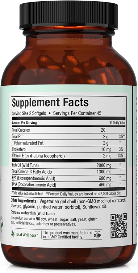 Maxi Health Omega 3 Supplement - Omega-3 Fish Oil Concentrate - Higher Potency Source of EPA/DHA Fatty Acids - Heart, Brain & Joint Health - Kosher Certified Wild Caught Fish - 90 Vegetarian Softgels