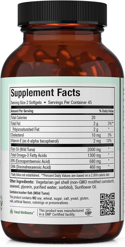 Maxi Health Omega 3 Supplement - Omega-3 Fish Oil Concentrate - Higher Potency Source of EPA/DHA Fatty Acids - Heart, Brain & Joint Health - Kosher Certified Wild Caught Fish - 90 Vegetarian Softgels