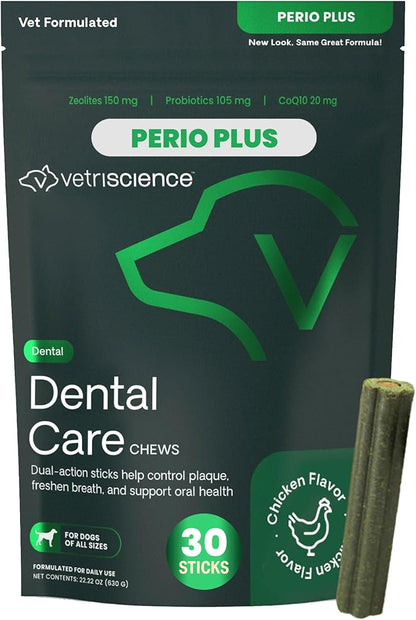 VetriScience Healthy Mouth Dental Chews, Perio Plus Sticks for Dogs, with Probiotics, Spirulina & Zeolites, Breath Freshening, Plaque & Tartar Control, Chicken, 30 Count