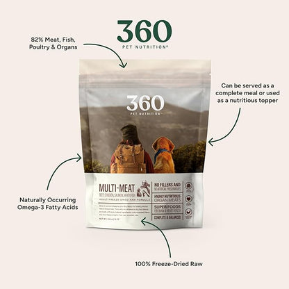 360 Pet Nutrition Raw Freeze-Dried Dog Food, High Protein, Balanced Meal w/Beef, Chicken,Organs, Whitefish, Omega-3, Fruit&Veg, Superfoods, No Fillers, 5 oz Food/Bites/Kibble (Multi Meat) Trial Size