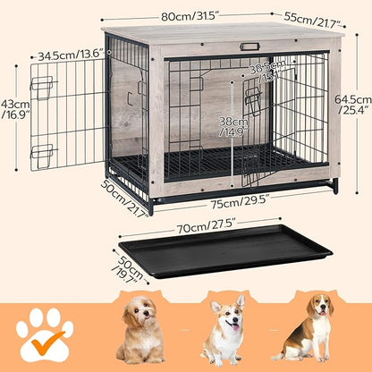 HOOBRO Dog Crate Furniture, 32.5" Medium Dog Kennel Indoor, Wooden Cage with Pull-Out Tray, Double Doors Pet House Side End Table for Medium/Small Dogs, Greige BG802GW03