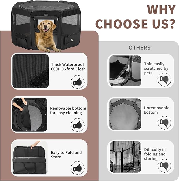 DONORO Dog Playpen Portable Pet Play Pens for Small Dog/Cat/Rabbit/Chicks, Cat Playpen Indoor/Outdoor with Carring Case, Removable Zipper Top and Bottom (Black, Large (46"x46"x23"), 8)