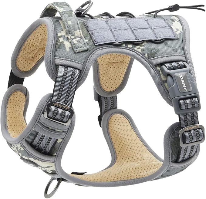 Auroth Tactical Dog Harness for Small Medium Large Dogs No Pull Adjustable Pet Harness Reflective K9 Working Training Easy Control Pet Vest Military Service Dog Harnesses Small Grey Camo