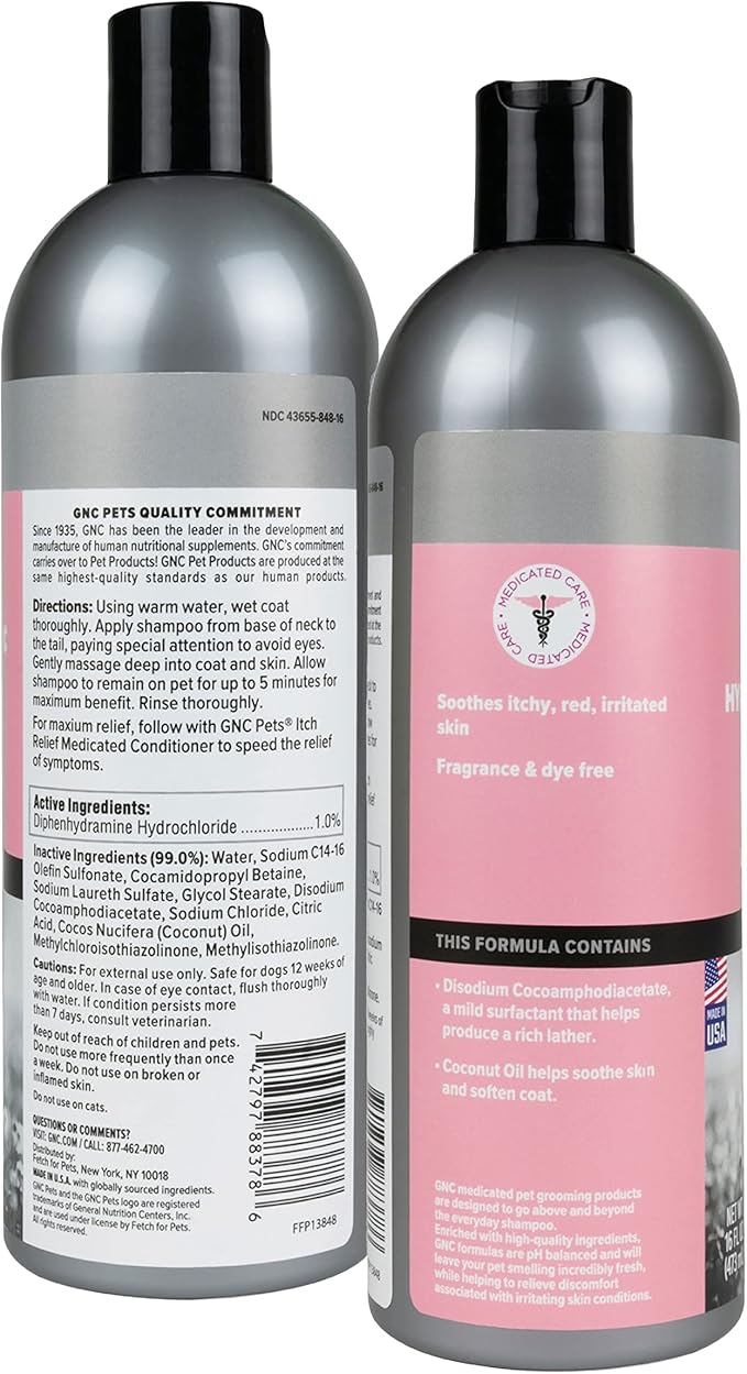 GNC Ultra Medicated Hypo-Allergenic Shampoo 16oz | Medicated Relief Shampoo for Dogs Hypoallergenic Sensitive Skin | GNC Shampoo for Dogs with Sensitive Skin & Allergies | Fragrance-Free Dog Shampoo