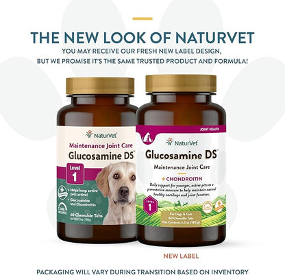 NaturVet Glucosamine DS Level 1 Maintenance Care Hip & Joint Support Pet Supplement for Dogs & Cats _lucosamine, Chondroitin, Antioxidants _upports Cartilage, Joint Function  60 Ct.