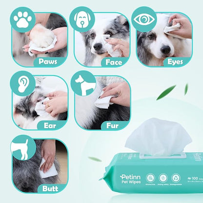 Pet Wipes for Dogs and Cats, Paws Butt Fur Cleaning Deodorizing, 100 Count Unscented Pet Grooming Wipes with 8"x8" Biodegradable Bamboo Fiber, Puppy Kitten Bath Wipe, Hypoallergenic, Licking Safety