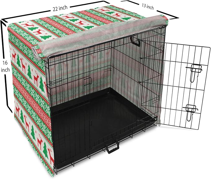 Ambesonne Christmas Dog Crate Cover, Knit Style Graphic Reindeer Star and Snowflake Holiday Family Theme, Easy to Use Pet Kennel Cover for Small Dogs Puppies Kittens, 22 Inch, White Green