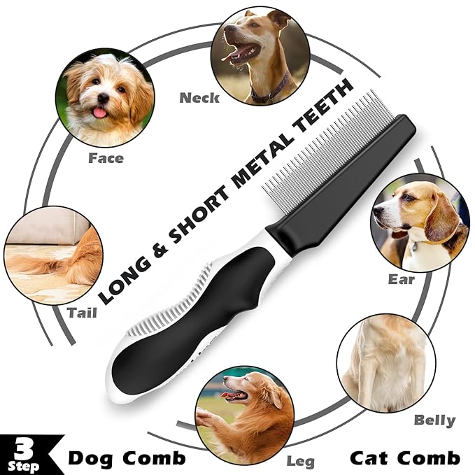 6 in 1 Pet Grooming Kit I Dog&Cat Comb I Dog/Cat Brush for Shedding I Deshedding Dog Brush I Dog/Cat Nail Clipper with Nail File I Pet Bath Brush I Premium Pet Supplies (Black White)