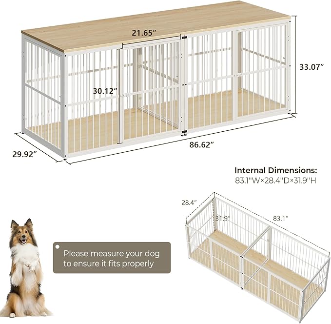 86.62'' Dog Crate Furniture Large Breed TV Stand with Double Rooms for 2 Large Medium Dogs, Wooden Indoor Kennel Crate Cage End Table with Removable Divider, Can Use Separately, Natural Beech