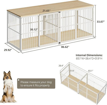 86.62'' Dog Crate Furniture Large Breed TV Stand with Double Rooms for 2 Large Medium Dogs, Wooden Indoor Kennel Crate Cage End Table with Removable Divider, Can Use Separately, Natural Beech