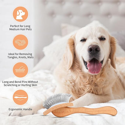 Dog Slicker Brush for Shedding and Grooming Medium or Long Haired Cats, Extra Long & Soft Pin Slicker Brush for Removes Loose Hair, Tangles, Knots, Undercoat, Free Pet Comb, Large, Clear