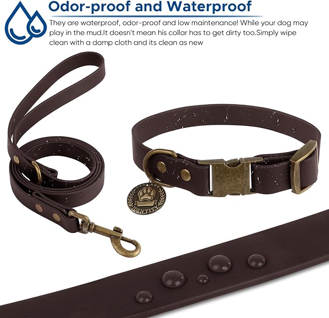 Wisedog Dog Collar and Leash Set, Waterproof Adjustable Puppy Collars with Cute Tag 6FT Dog Leash with Poop Bag for Small Medium Large Dogs (XL(Collar:16"- 25.5";Leash:6 ft), Brown)