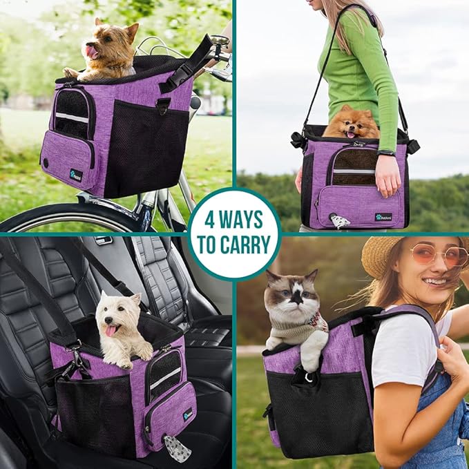 PetAmi Dog Bike Basket, Soft-Sided Ventilated Dog Bike Carrier Backpack, Dog Pet Bicycle Basket for Bike Handlebar, Small Medium Puppy Cat Kitten Car Booster Seat with Safety Strap