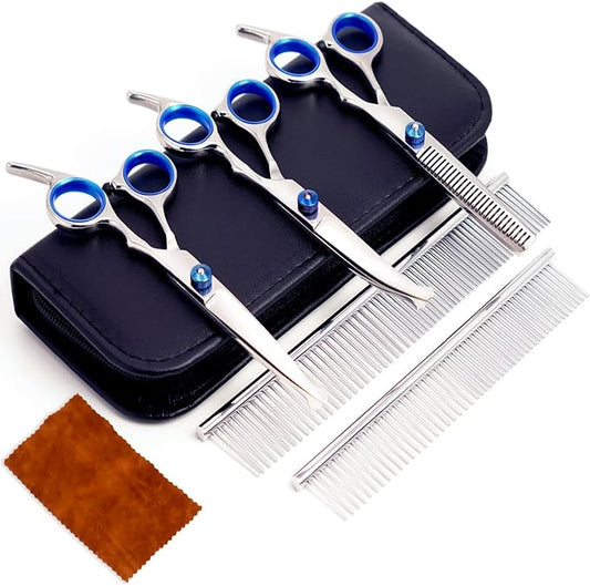 7 in 1 Dog Grooming Scissors Set with Safety Round Head, Sharp and Durable, with Two Stainless Steel Combs, Pet Grooming Scissors for Cats and Dogs
