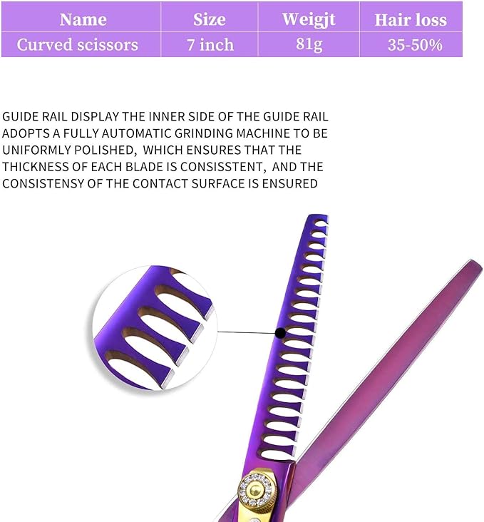Dream Reach 7.0 inches Professional Decompressed Elastic Handle Pet Grooming Scissors Set,Straight & Chunker & 2 Curved Scissors 4pcs Set for Dog Grooming (Purple) (Chunker Scissor)