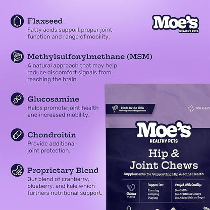 Moe_ Dog Joint Supplement 90 Soft Chews  Glucosamine, Chondroitin & Hyaluronic Acid with Vitamins C & E  Advanced Hip and Joint Support for Dogs  Ideal for Bone Health & Joint Pain Relief