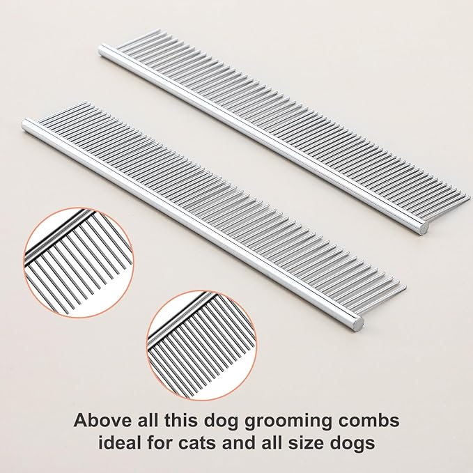 2PCS Pet Steel Combs, Rounded Ends Dog Grooming Comb Silver Cat Steel Grooming Tool Remove Matted Fur Dog Cat Comb Tool Pet Dematting Comb for Long and Short Haired Dogs Cats