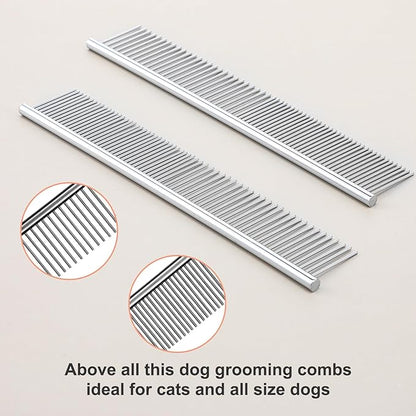2PCS Pet Steel Combs, Rounded Ends Dog Grooming Comb Silver Cat Steel Grooming Tool Remove Matted Fur Dog Cat Comb Tool Pet Dematting Comb for Long and Short Haired Dogs Cats