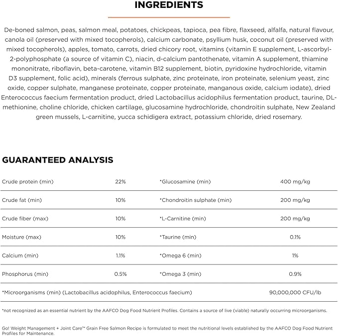 Go! Solutions Weight Management + Joint Care, Grain-Free Dry Dog Food, Salmon Adult and Senior Recipe, 3.5 lb Bag