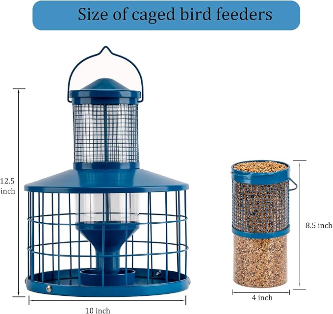 Caged Bird Feeders Squirrel-Proof, Metal, 2.8 Lbs Capacity-Cage Tube Seed Feeders with Tray Outdoor Hanging, Attract Birds,Detachable Cleaning, Starling Proof Wild Bird Feeder（Blue）