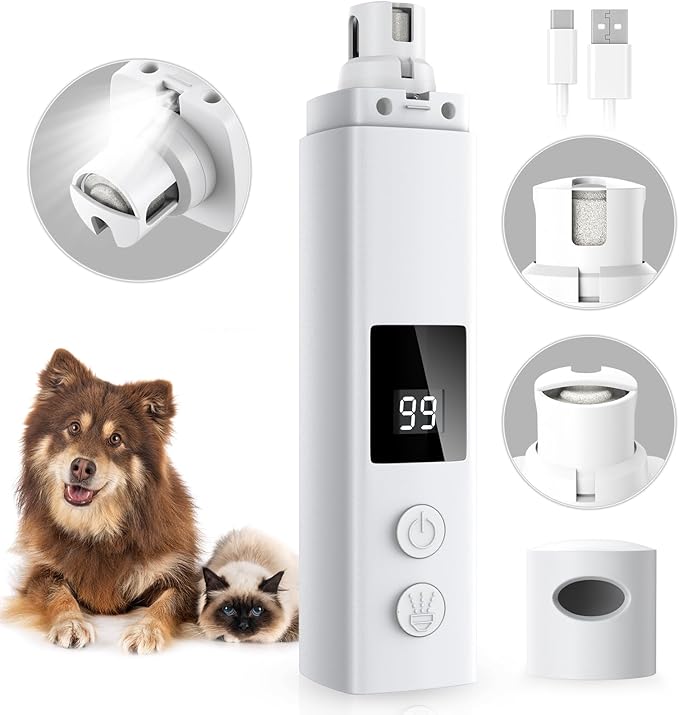 Dog Nail Grinder Quiet - 45db 4 Speed 4 Ports 12000 r/min USB Rechargeable Electric Professional Pet Dog Nail Trimmers with LED Lights for Large Medium Small Puppy Dogs/Cats - White