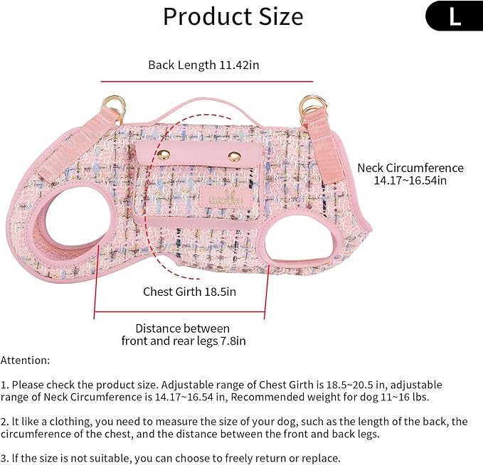 Dog Lift Harness Dog Carrier Dog VES Harness Adjustable Dog Leash with Small Puppy Treat Bag（Pink,L）