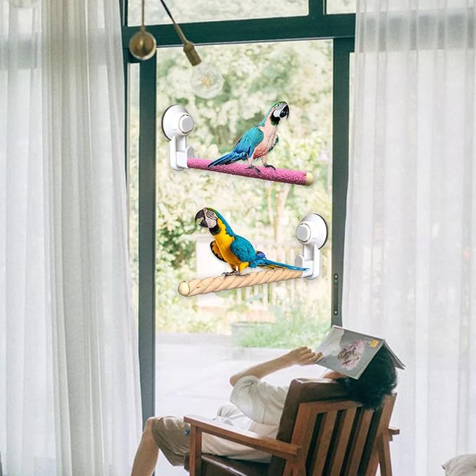2Pcs Bird Perch With Suction Cup, Wooden Parrot Stand, Shower and Window Perch, Grinding Stick Training Toys, Wall Bath Car Travel Stand for Small and Medium Birds