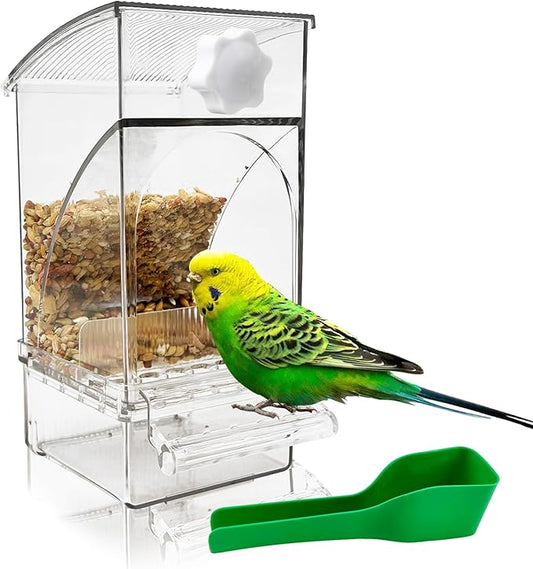Hamiledyi No Mess Bird Feeder Automatic Transparent Acrylic Parrot Seed Food Container with Perch Bird Cage Accessories for Parakeet Finch Lovebirds Budgies Canary