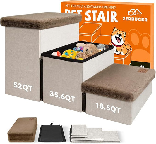 Dog Stairs with Furry Lids 17.5" H, 3-Step Wider Dog Steps with Storage for Small/Medium/Large Dogs Cats, Folding Sturdy Pet Stairs Climbing Bed or Sofa, Dog Ramp for Car Hold Up to 200 lbs, Khaki