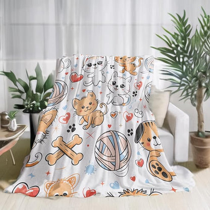 Cute Cat Flannel Blanket Cartoon Yarn Ball Bones Heart Paw Print Throw Blankets Lightweight Soft for Party Chair Bed Sofa Camping Travel,Home Farm Decor,Gifts Kids,50x40in
