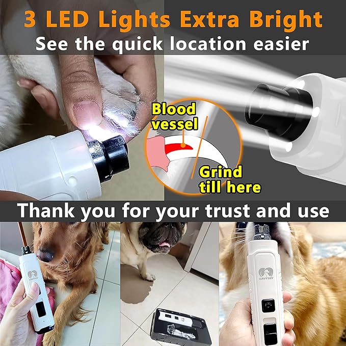 Dog Nail Grinder Quiet - (45db) 3 LED Lights Pet Nail Grinder with 12000RPM 2-Speed High Power for Large Small Dogs/Cats,Rechargeable Electric Silent Pet Toenail Grinder with Dust Cap (White)