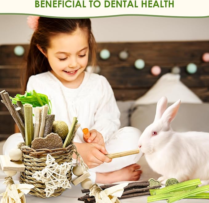 26Pcs Rabbit Toys for Bunny Boredom Basket for Small Pets, with 14Pcs Replacement Set Hanging Rodent Dental Toy with Papaya Stems Sweet Bamboo Hamsters, Chinchillas, Guinea Pigs