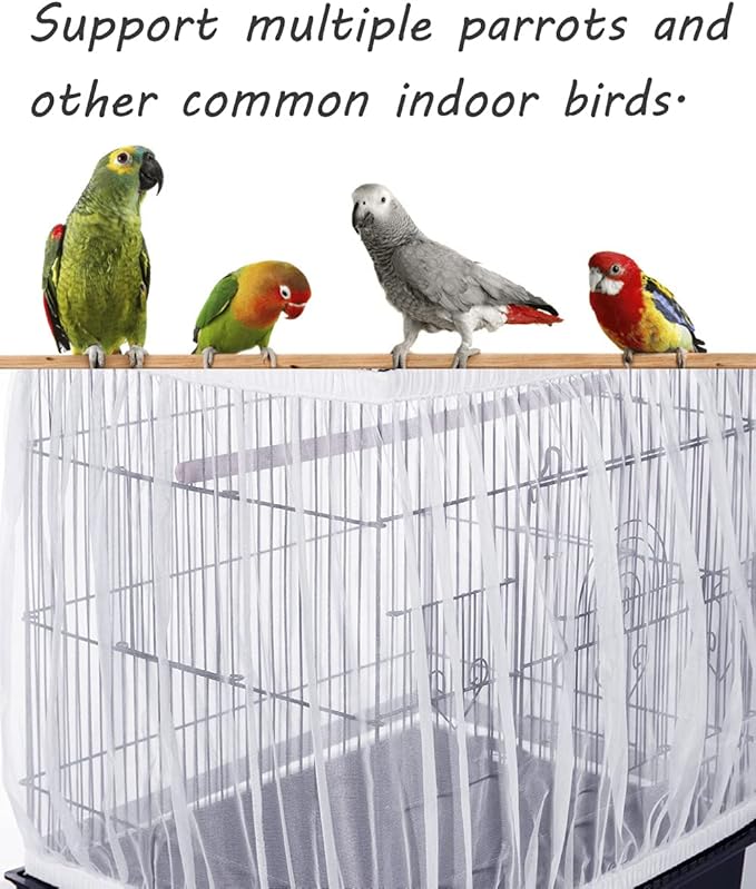 Tamu style Bird Cage Seed Catcher, Large, Stretchy Form Fitting Mesh Skirt Cover for Parrot Enclosures, Light and Breathable Fabric, Prevent Scatter and Mess, Reusable, Adjustable, Lightweight, White