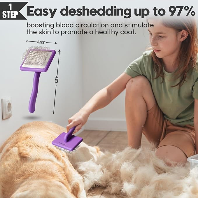 Dog Slicker Brush for Dogs Grooming Kit 4PCS | Large Dog Brush for Goldendoodles Poodles Doodles | Long Pin Haired Brush | Dog Bath Brushes Flea Comb(Purple)