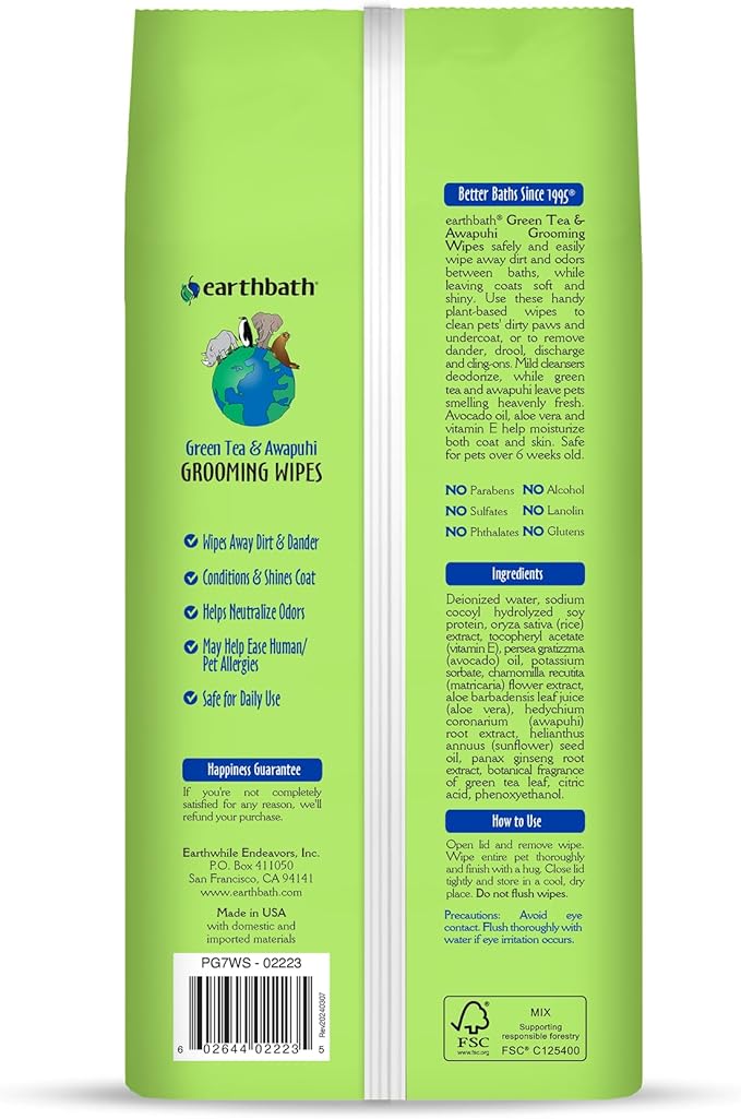 earthbath, Green Tea & Awapuhi Grooming Wipes - Dog Wipes for Paws and Butt, Best Pet Wipes for Dogs & Cats, Made in USA, Cruelty-Free Dog Cleaning Wipes, Removes Dirt & Dander - 100 Count (2 Pack)